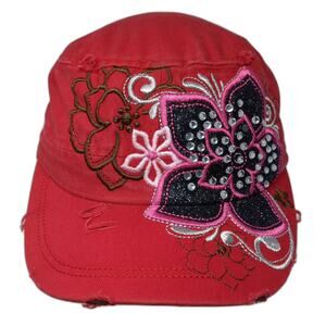 Leader Logo Army Cap Red Black OS Floral Embroidery Rhinestones Distressed Hat
